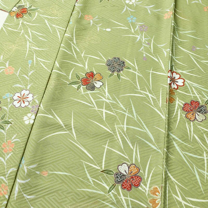 小紋 良品 ポリエステル 花柄 袷仕立て 身丈160cm 裄丈64cm 金彩 着物 緑・うぐいす色_画像5