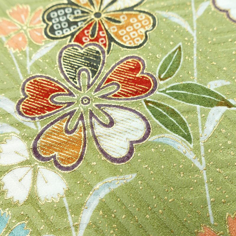 小紋 良品 ポリエステル 花柄 袷仕立て 身丈160cm 裄丈64cm 金彩 着物 緑・うぐいす色_画像8