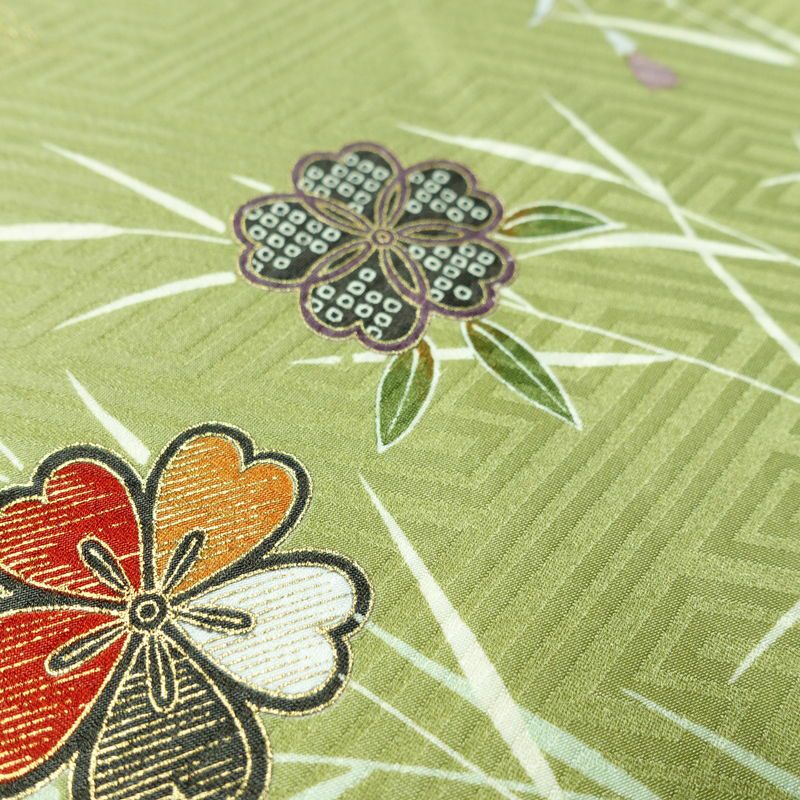 小紋 良品 ポリエステル 花柄 袷仕立て 身丈160cm 裄丈64cm 金彩 着物 緑・うぐいす色_画像9