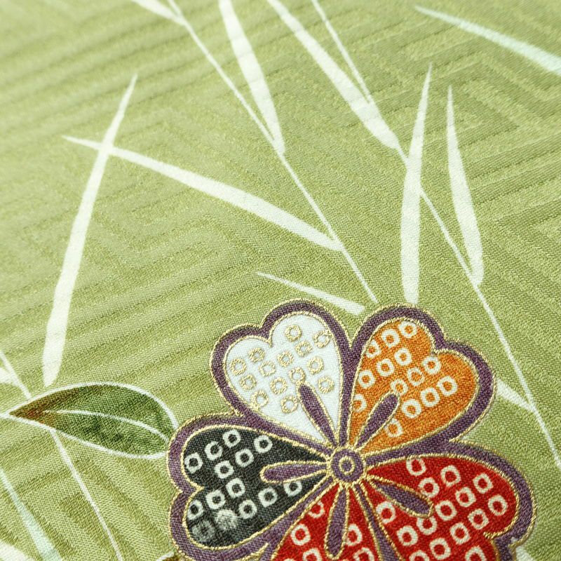 小紋 良品 ポリエステル 花柄 袷仕立て 身丈160cm 裄丈64cm 金彩 着物 緑・うぐいす色_画像10