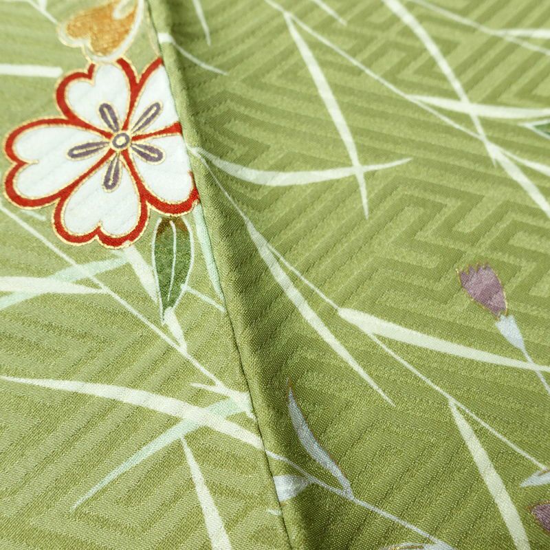 小紋 良品 ポリエステル 花柄 袷仕立て 身丈160cm 裄丈64cm 金彩 着物 緑・うぐいす色_画像11