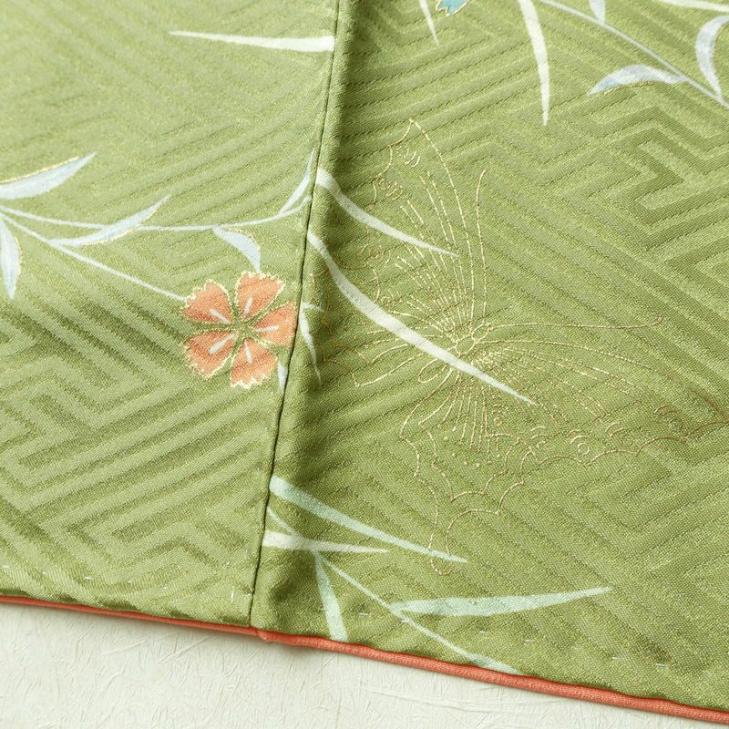 小紋 良品 ポリエステル 花柄 袷仕立て 身丈160cm 裄丈64cm 金彩 着物 緑・うぐいす色_画像12