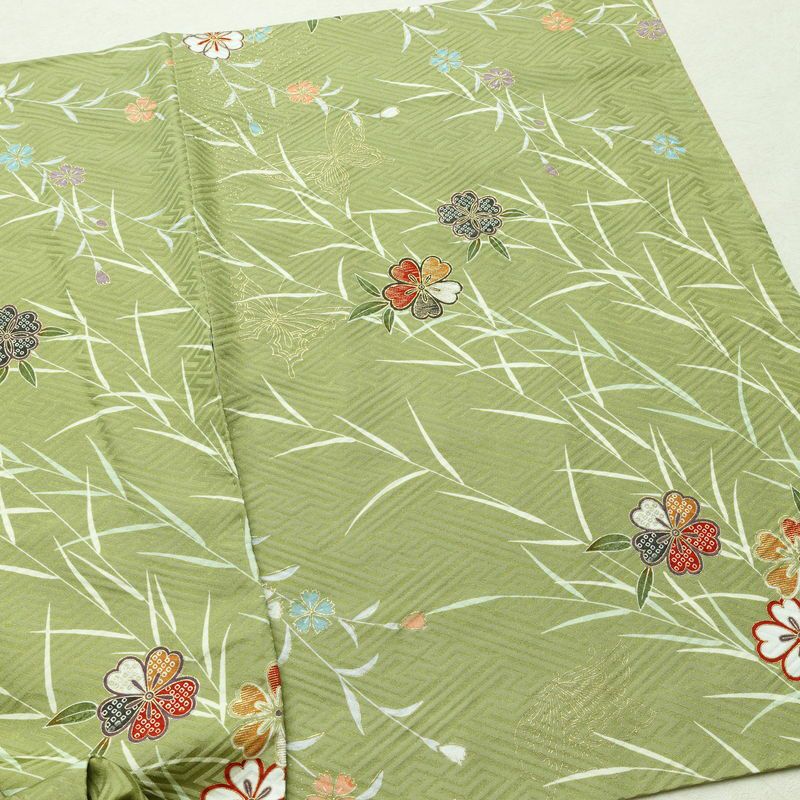 小紋 良品 ポリエステル 花柄 袷仕立て 身丈160cm 裄丈64cm 金彩 着物 緑・うぐいす色_画像14