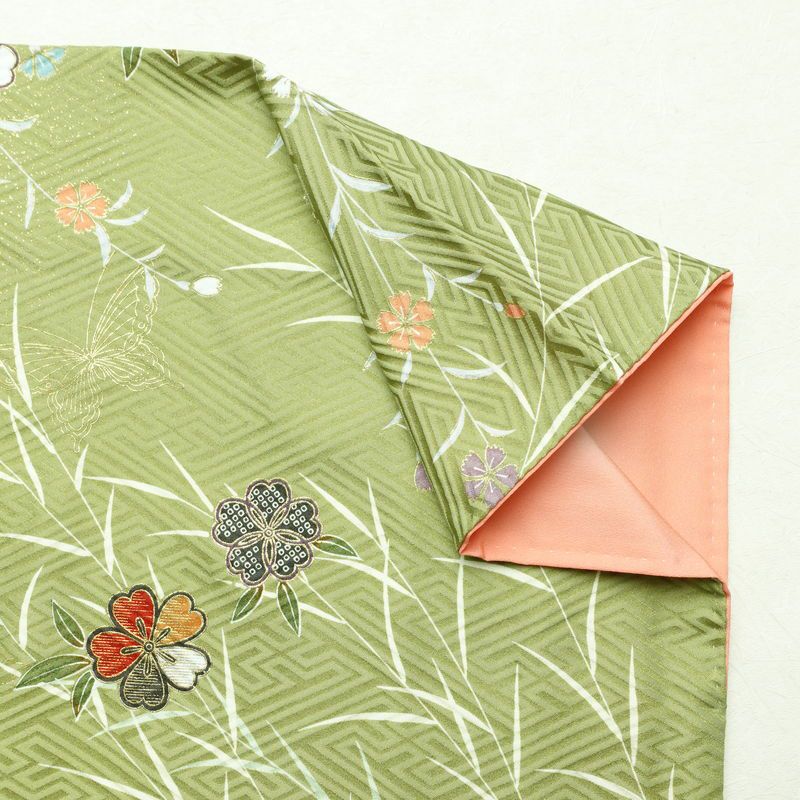 小紋 良品 ポリエステル 花柄 袷仕立て 身丈160cm 裄丈64cm 金彩 着物 緑・うぐいす色_画像15