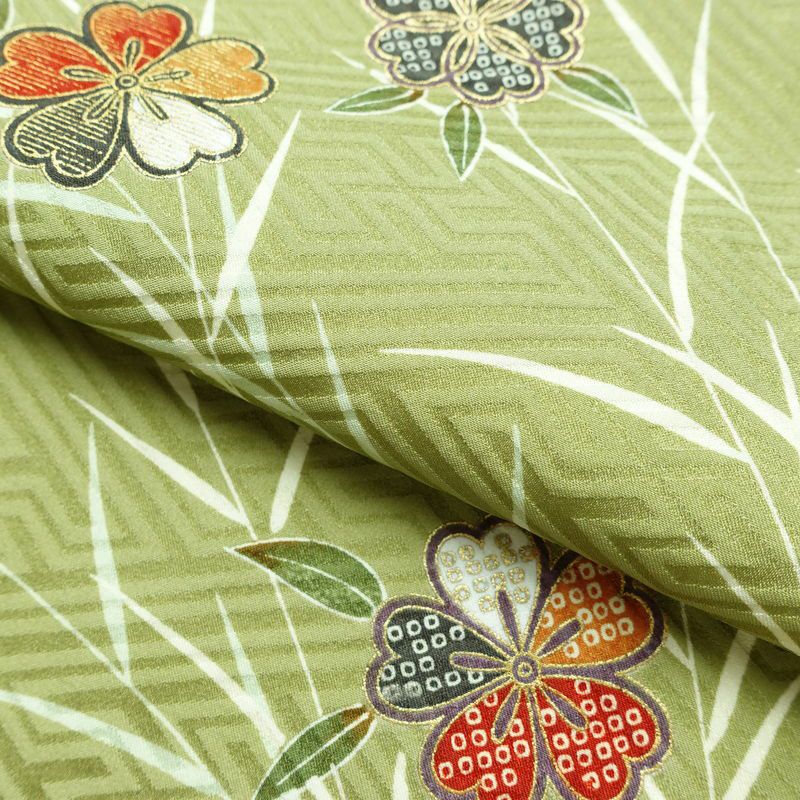 小紋 良品 ポリエステル 花柄 袷仕立て 身丈160cm 裄丈64cm 金彩 着物 緑・うぐいす色_画像20