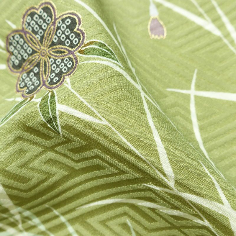 小紋 良品 ポリエステル 花柄 袷仕立て 身丈160cm 裄丈64cm 金彩 着物 緑・うぐいす色_画像21