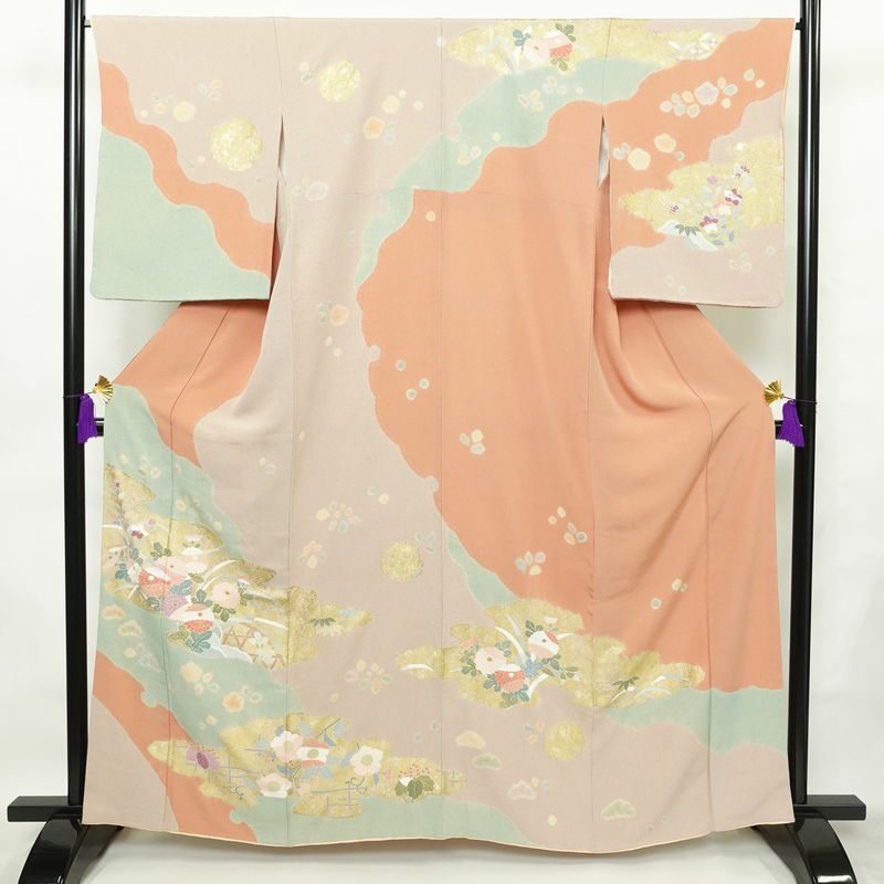 訪問着 良品 縮緬 絞り 一つ紋付き 正絹 花柄 袷仕立て 身丈162cm 裄丈67cm 箔 菊 フォーマル 着物 ピンク_画像1