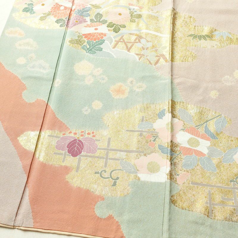 訪問着 良品 縮緬 絞り 一つ紋付き 正絹 花柄 袷仕立て 身丈162cm 裄丈67cm 箔 菊 フォーマル 着物 ピンク_画像4