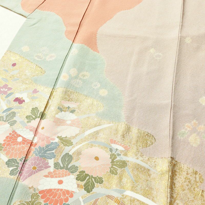 訪問着 良品 縮緬 絞り 一つ紋付き 正絹 花柄 袷仕立て 身丈162cm 裄丈67cm 箔 菊 フォーマル 着物 ピンク_画像5