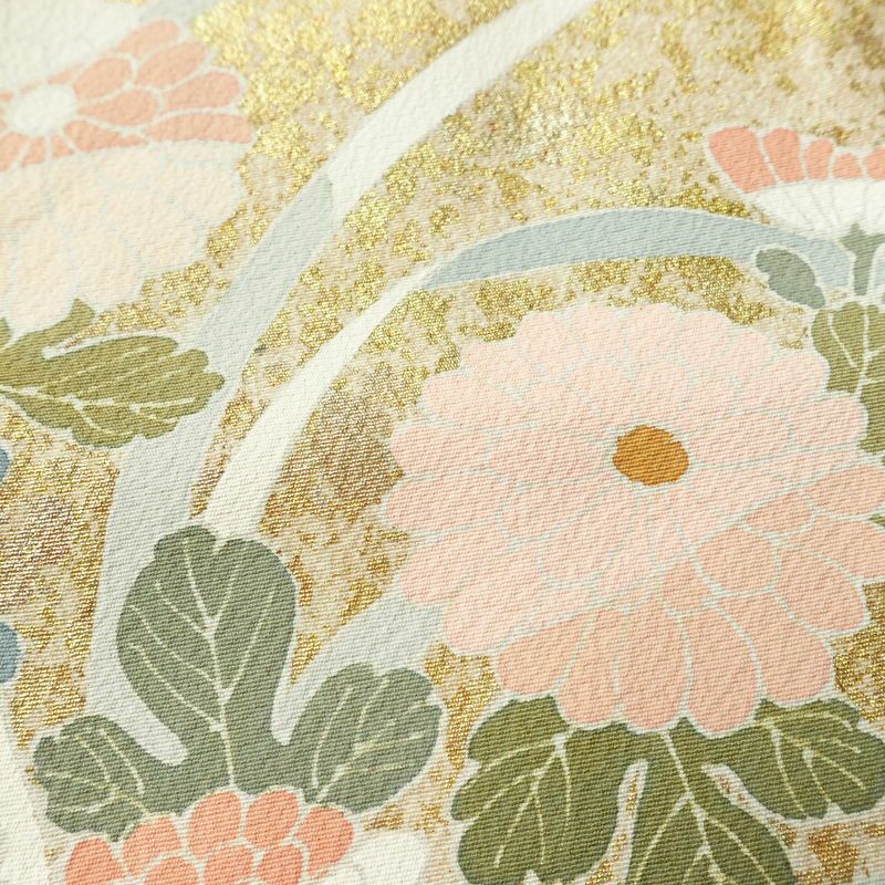 訪問着 良品 縮緬 絞り 一つ紋付き 正絹 花柄 袷仕立て 身丈162cm 裄丈67cm 箔 菊 フォーマル 着物 ピンク_画像7