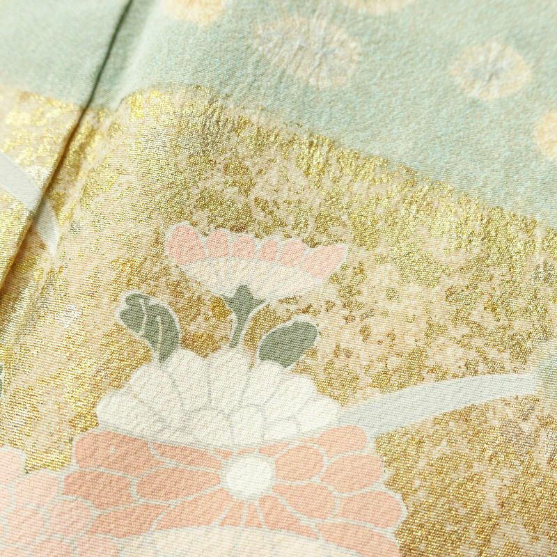 訪問着 良品 縮緬 絞り 一つ紋付き 正絹 花柄 袷仕立て 身丈162cm 裄丈67cm 箔 菊 フォーマル 着物 ピンク_画像8