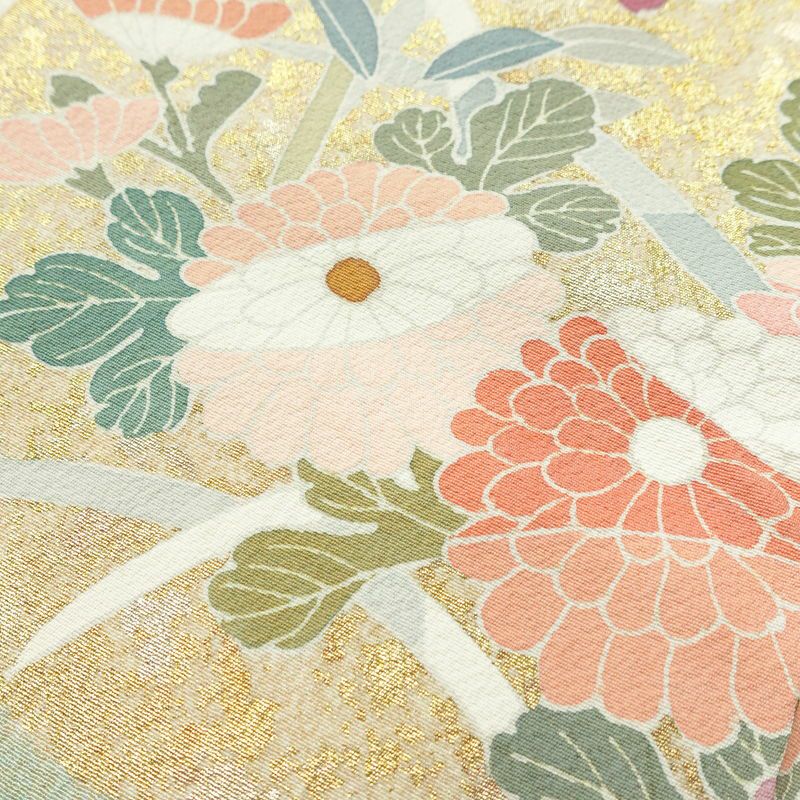 訪問着 良品 縮緬 絞り 一つ紋付き 正絹 花柄 袷仕立て 身丈162cm 裄丈67cm 箔 菊 フォーマル 着物 ピンク_画像10