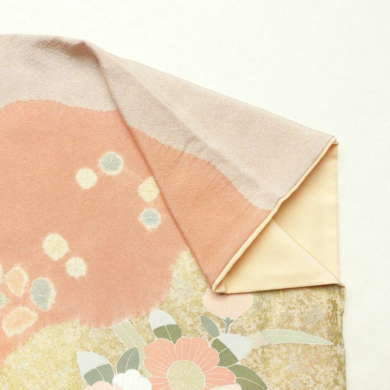 訪問着 良品 縮緬 絞り 一つ紋付き 正絹 花柄 袷仕立て 身丈162cm 裄丈67cm 箔 菊 フォーマル 着物 ピンク_画像15