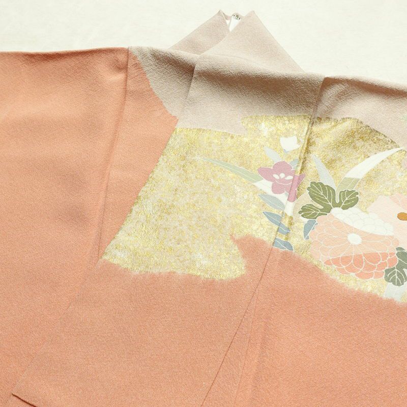 訪問着 良品 縮緬 絞り 一つ紋付き 正絹 花柄 袷仕立て 身丈162cm 裄丈67cm 箔 菊 フォーマル 着物 ピンク_画像16