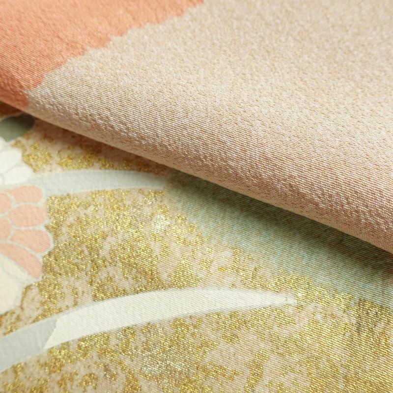 訪問着 良品 縮緬 絞り 一つ紋付き 正絹 花柄 袷仕立て 身丈162cm 裄丈67cm 箔 菊 フォーマル 着物 ピンク_画像20