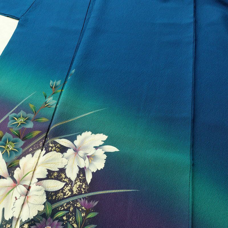 振袖 縮緬 正絹 花柄 袷仕立て 身丈172.5cm 裄丈70cm 箔 金彩 フォーマル 二十歳 着物 青・紺_画像5