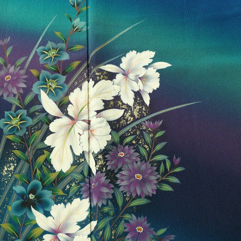 振袖 縮緬 正絹 花柄 袷仕立て 身丈172.5cm 裄丈70cm 箔 金彩 フォーマル 二十歳 着物 青・紺_画像6