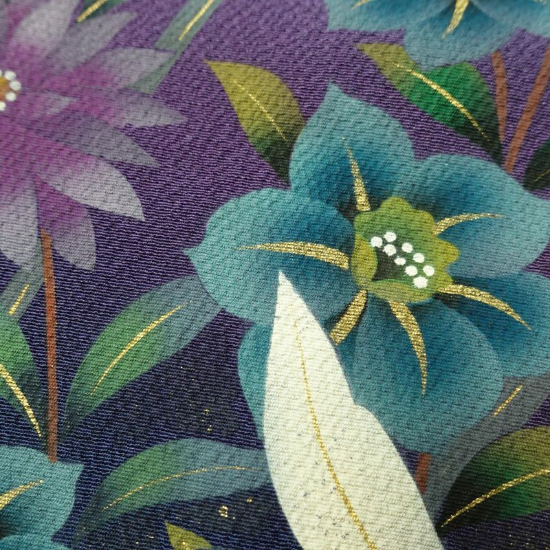 振袖 縮緬 正絹 花柄 袷仕立て 身丈172.5cm 裄丈70cm 箔 金彩 フォーマル 二十歳 着物 青・紺_画像8