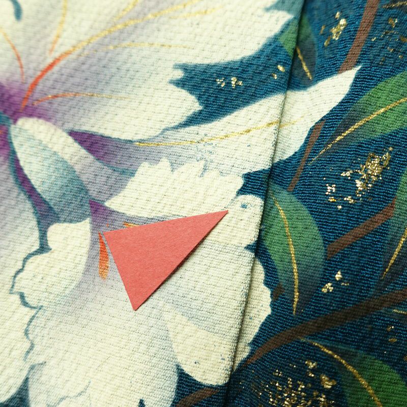 振袖 縮緬 正絹 花柄 袷仕立て 身丈172.5cm 裄丈70cm 箔 金彩 フォーマル 二十歳 着物 青・紺_画像10