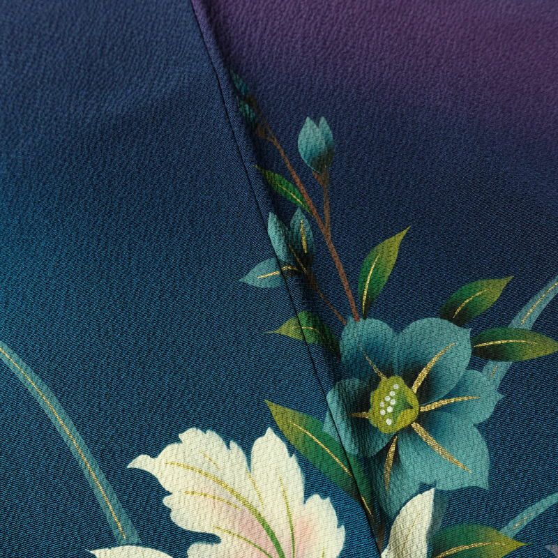 振袖 縮緬 正絹 花柄 袷仕立て 身丈172.5cm 裄丈70cm 箔 金彩 フォーマル 二十歳 着物 青・紺_画像11