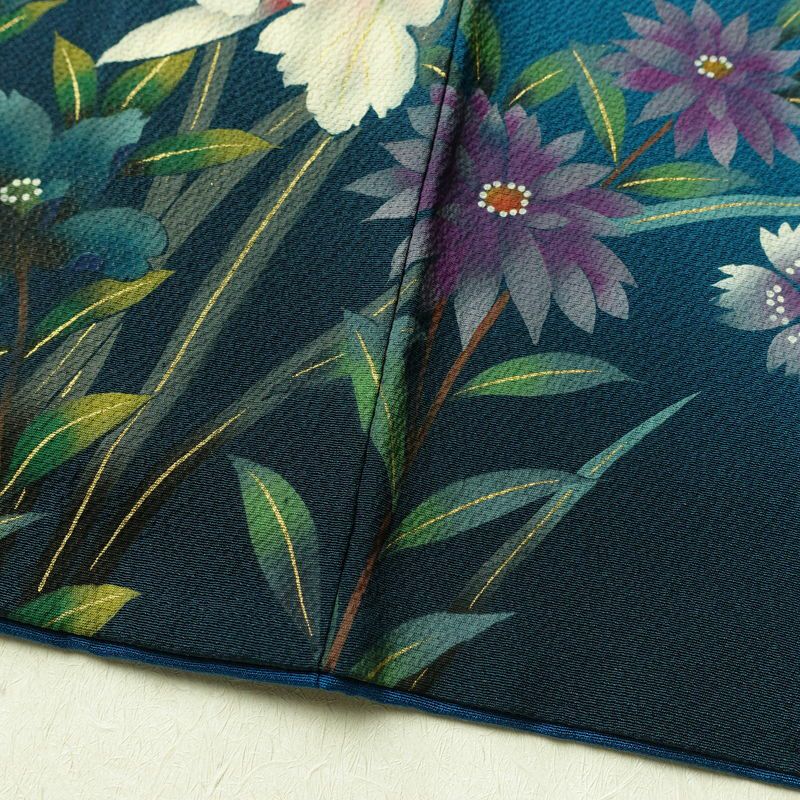 振袖 縮緬 正絹 花柄 袷仕立て 身丈172.5cm 裄丈70cm 箔 金彩 フォーマル 二十歳 着物 青・紺_画像12