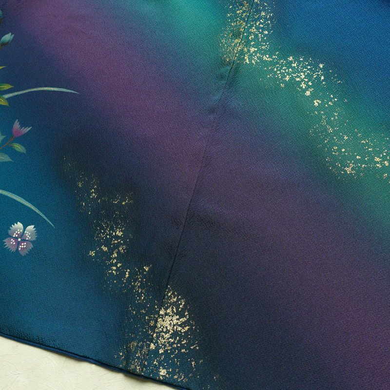 振袖 縮緬 正絹 花柄 袷仕立て 身丈172.5cm 裄丈70cm 箔 金彩 フォーマル 二十歳 着物 青・紺_画像13