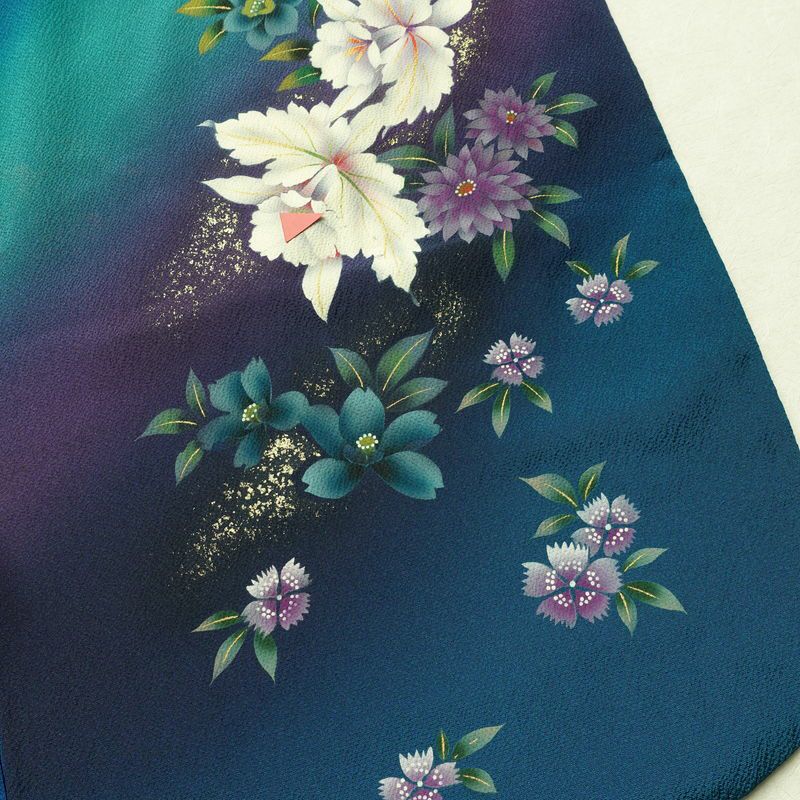 振袖 縮緬 正絹 花柄 袷仕立て 身丈172.5cm 裄丈70cm 箔 金彩 フォーマル 二十歳 着物 青・紺_画像15