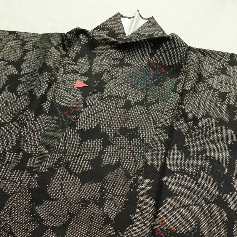 大島紬 正絹 木の葉・植物柄 袷仕立て 証紙なし 身丈160.5cm 裄丈65cm 着物 茶_画像16