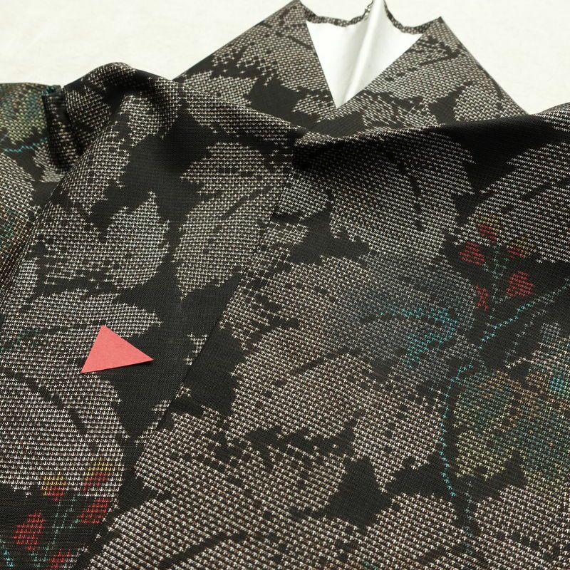 大島紬 正絹 木の葉・植物柄 袷仕立て 証紙なし 身丈160.5cm 裄丈65cm 着物 茶_画像17