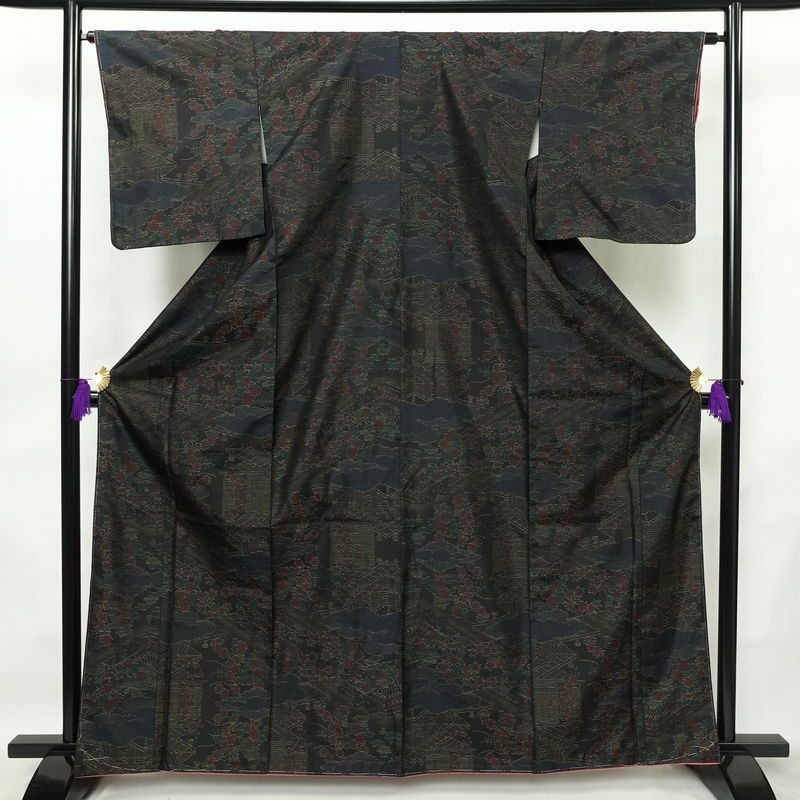 大島紬 良品 しつけ糸付き 正絹 証紙なし 風景柄 袷仕立て 身丈164cm 裄丈65cm 着物 多色使い_画像1