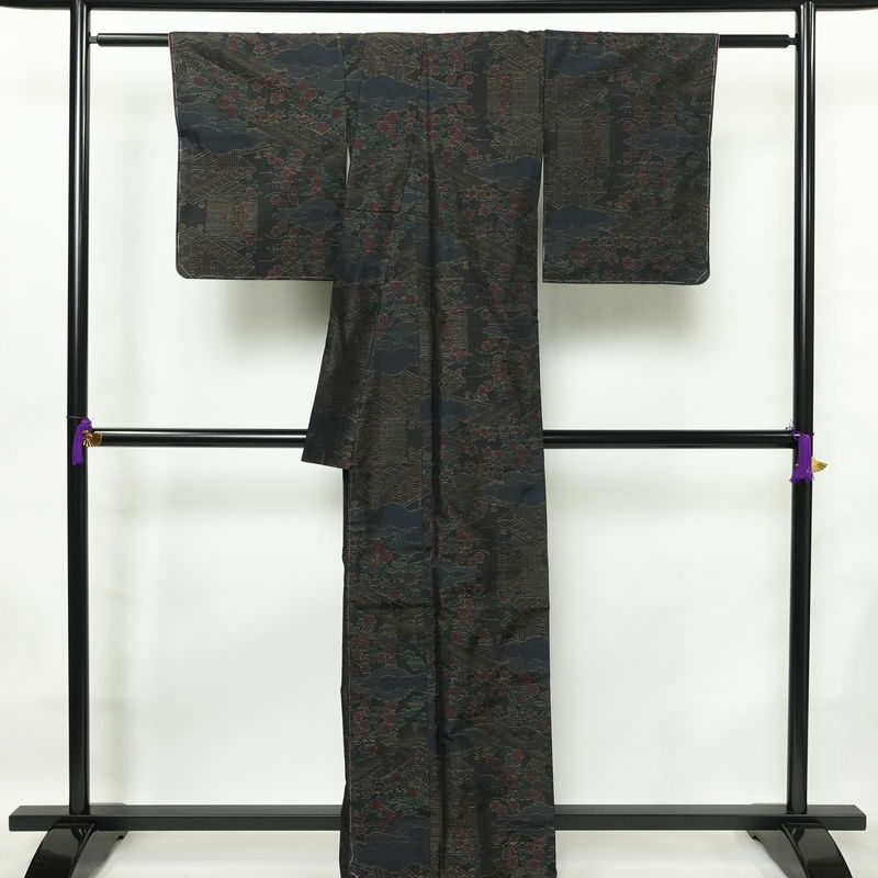 大島紬 良品 しつけ糸付き 正絹 証紙なし 風景柄 袷仕立て 身丈164cm 裄丈65cm 着物 多色使い_画像2