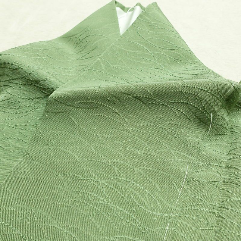色無地 良品 しつけ糸付き 一つ紋付き 正絹 木の葉・植物柄 袷仕立て 身丈160cm 裄丈65cm フォーマル 着物 露芝 緑・うぐいす色_画像17