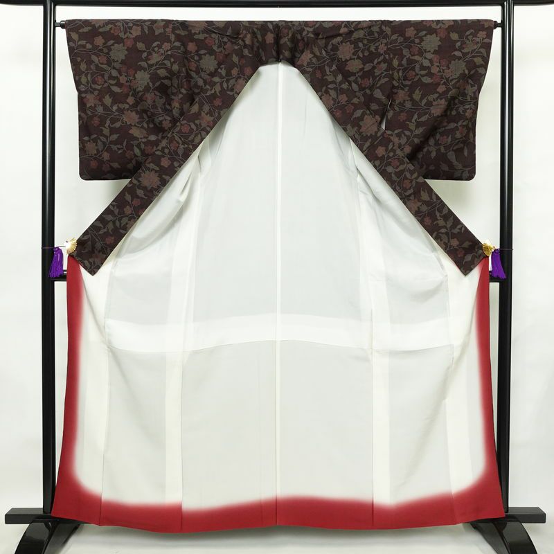 小紋 良品 紬地 正絹 木の葉・植物柄 袷仕立て 身丈161.5cm 裄丈66cm 着物 小豆・エンジ_画像3