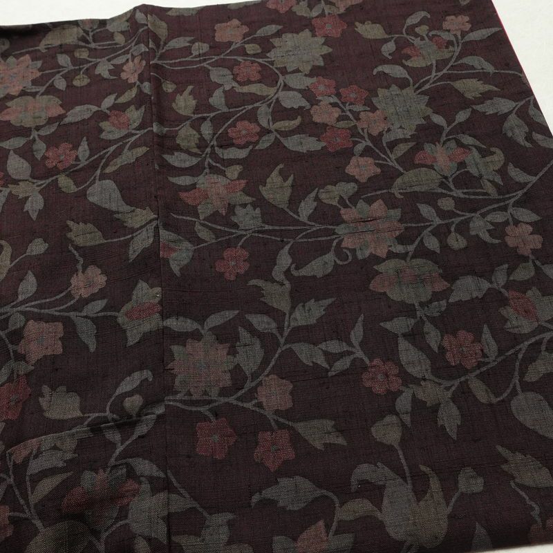 小紋 良品 紬地 正絹 木の葉・植物柄 袷仕立て 身丈161.5cm 裄丈66cm 着物 小豆・エンジ_画像13