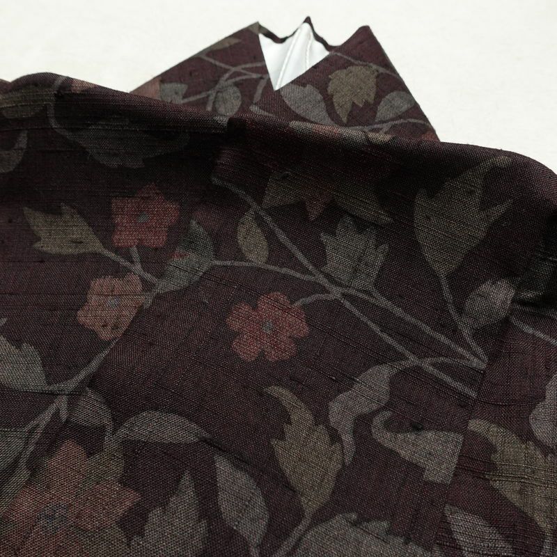 小紋 良品 紬地 正絹 木の葉・植物柄 袷仕立て 身丈161.5cm 裄丈66cm 着物 小豆・エンジ_画像17