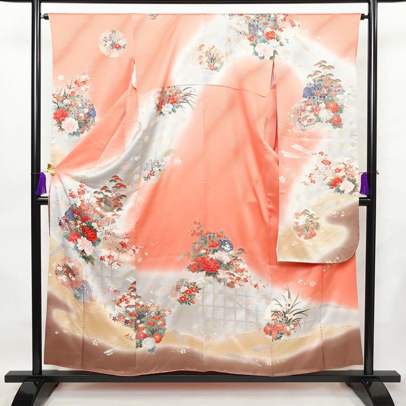 振袖 良品 正絹 花柄 袷仕立て 身丈155.5cm 裄丈65cm 箔 金彩 フォーマル 着物 ピンク_画像1