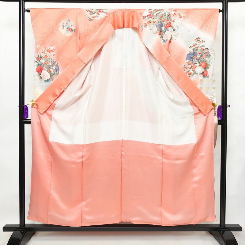 振袖 良品 正絹 花柄 袷仕立て 身丈155.5cm 裄丈65cm 箔 金彩 フォーマル 着物 ピンク_画像3