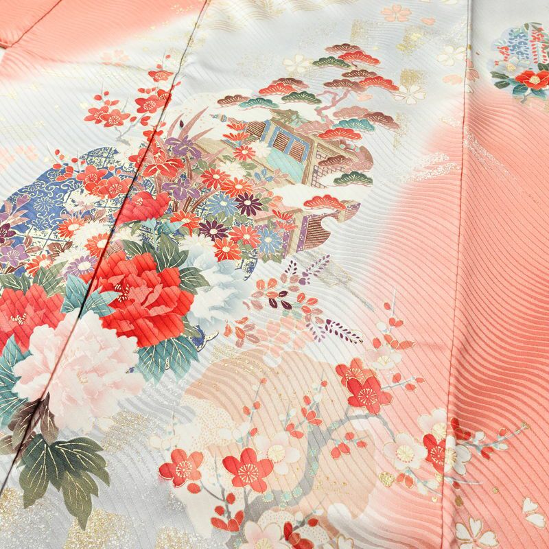 振袖 良品 正絹 花柄 袷仕立て 身丈155.5cm 裄丈65cm 箔 金彩 フォーマル 着物 ピンク_画像5