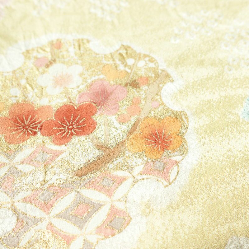 訪問着 美品 しつけ糸付き 絞り 正絹 古典柄 袷仕立て 身丈170.5cm 裄丈69cm 箔 共八掛 金彩 フォーマル 着物 クリーム_画像8