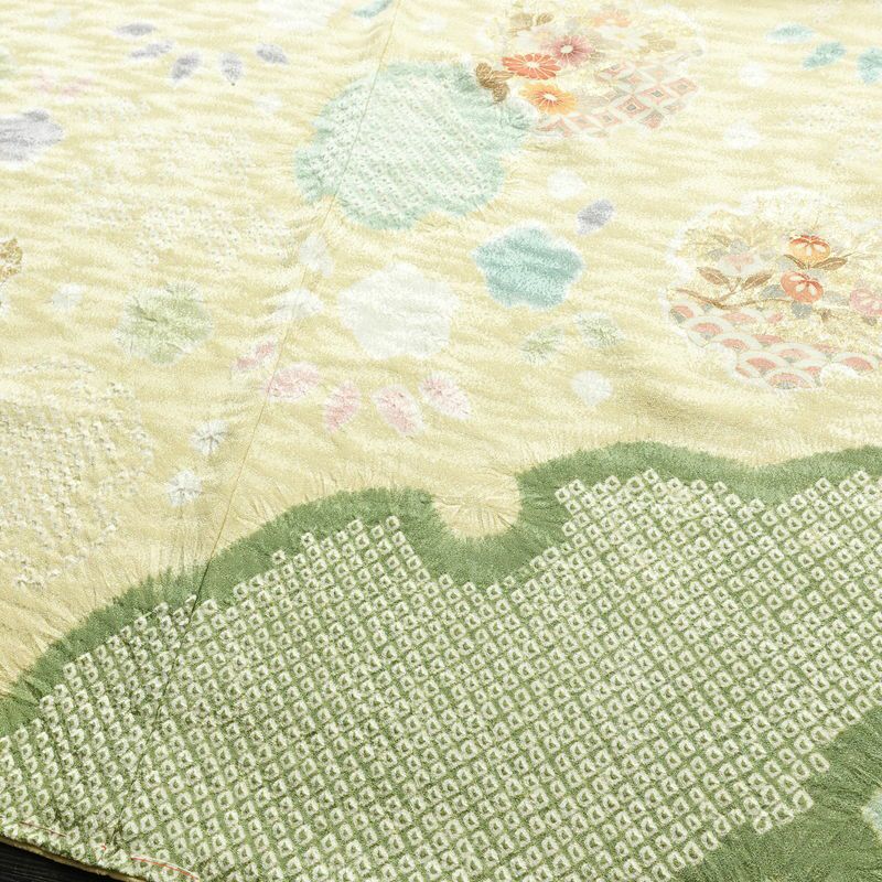 訪問着 美品 しつけ糸付き 絞り 正絹 古典柄 袷仕立て 身丈170.5cm 裄丈69cm 箔 共八掛 金彩 フォーマル 着物 クリーム_画像13