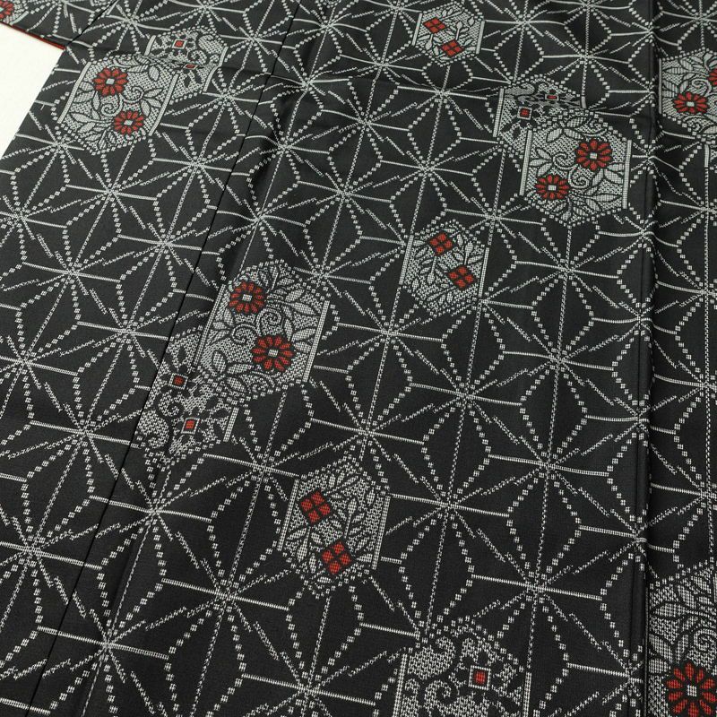 紬 美品 しつけ糸付き 正絹 麻の葉柄 袷仕立て 身丈159cm 裄丈65.5cm 花柄 着物 黒_画像5