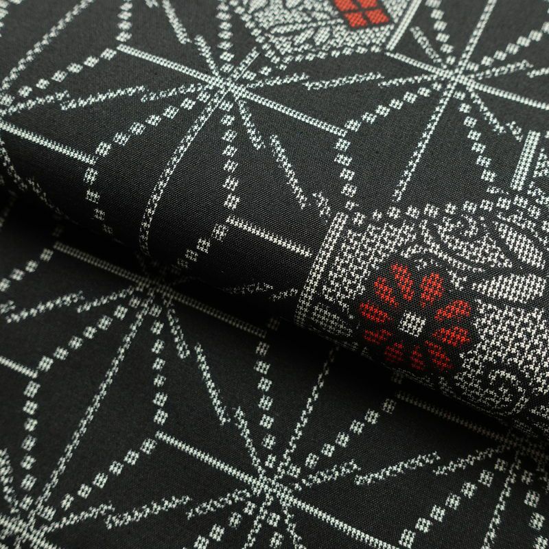 紬 美品 しつけ糸付き 正絹 麻の葉柄 袷仕立て 身丈159cm 裄丈65.5cm 花柄 着物 黒_画像20