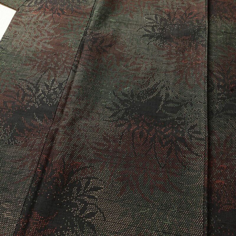 紬 美品 しつけ糸付き 正絹 木の葉・植物柄 袷仕立て 身丈158cm 裄丈66cm 着物 緑・うぐいす色_画像5