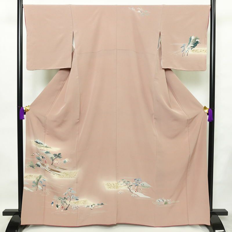 訪問着 良品 縮緬 正絹 風景柄 袷仕立て 身丈165cm 裄丈67.5cm 箔 一部しつけ糸付き フォーマル 着物 くすみピンク ピンク_画像1