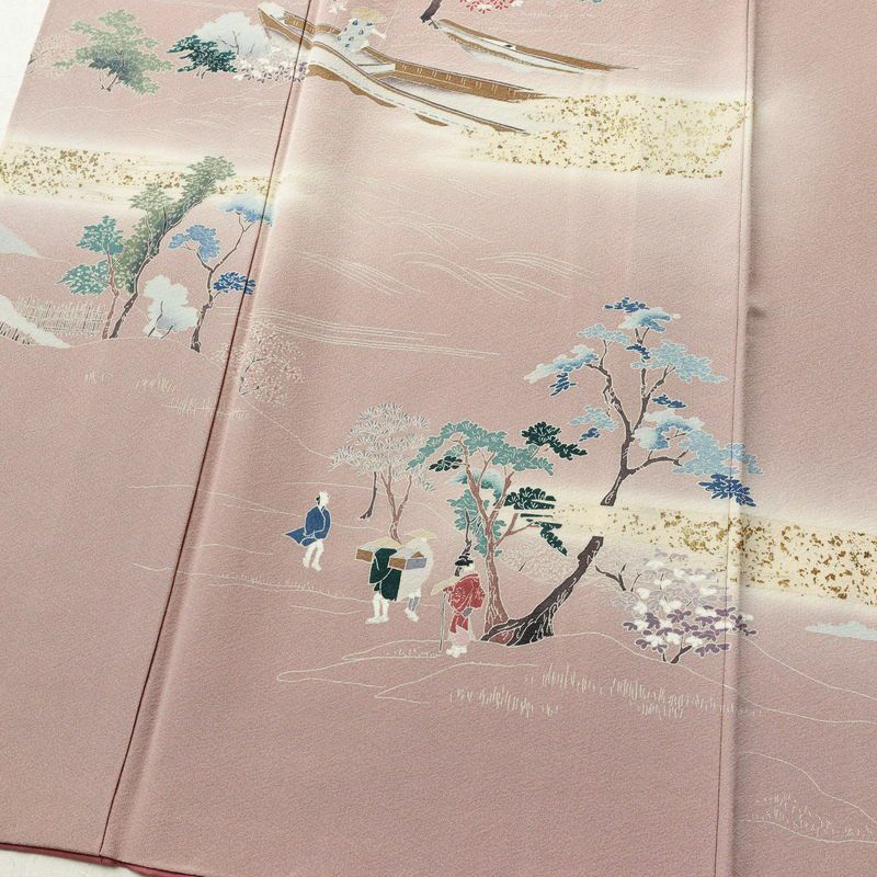 訪問着 良品 縮緬 正絹 風景柄 袷仕立て 身丈165cm 裄丈67.5cm 箔 一部しつけ糸付き フォーマル 着物 くすみピンク ピンク_画像4