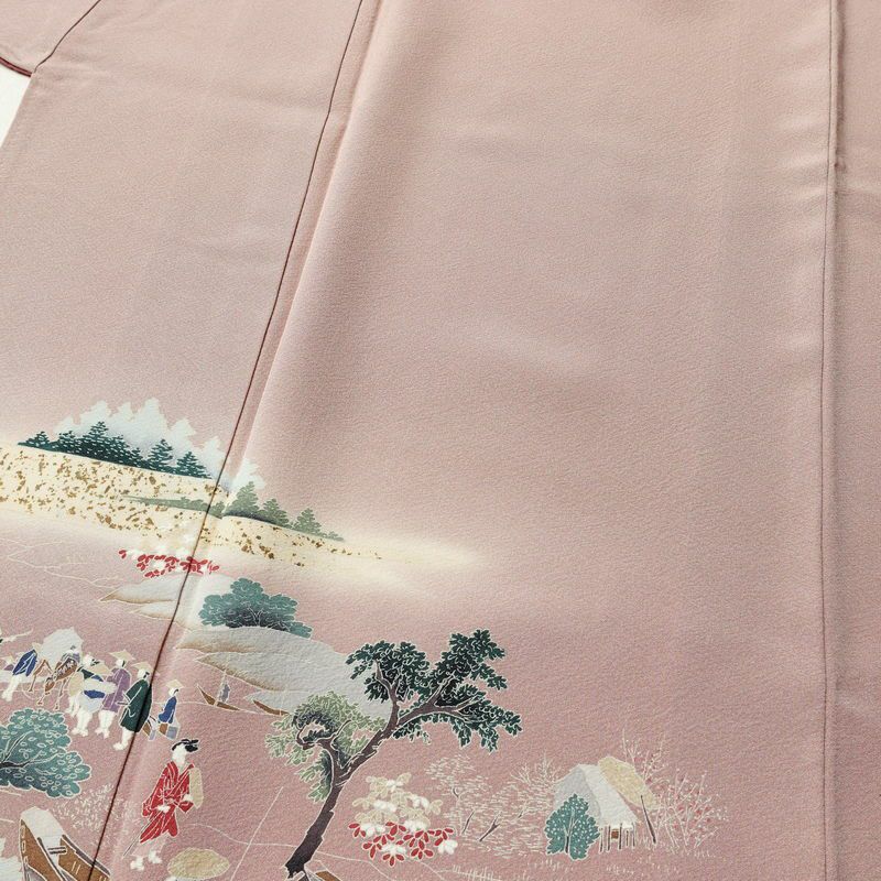 訪問着 良品 縮緬 正絹 風景柄 袷仕立て 身丈165cm 裄丈67.5cm 箔 一部しつけ糸付き フォーマル 着物 くすみピンク ピンク_画像5