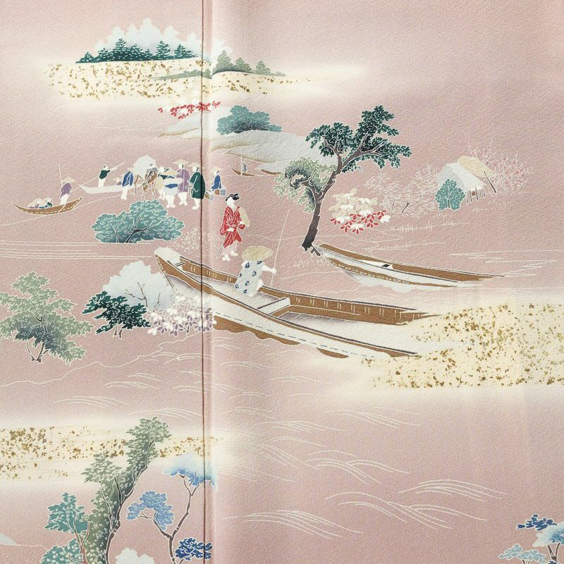 訪問着 良品 縮緬 正絹 風景柄 袷仕立て 身丈165cm 裄丈67.5cm 箔 一部しつけ糸付き フォーマル 着物 くすみピンク ピンク_画像6