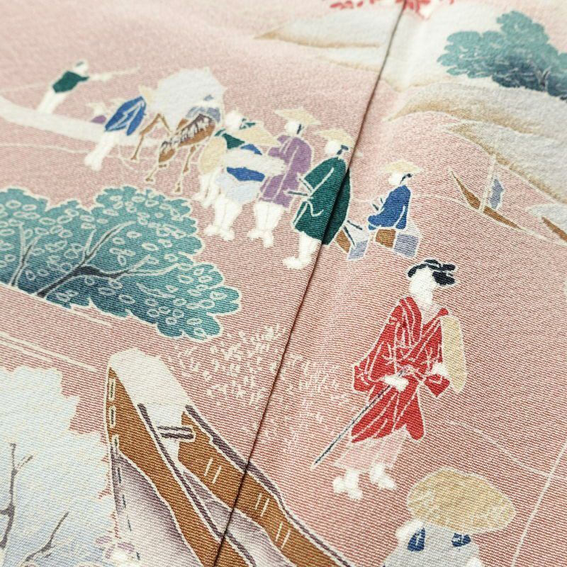 訪問着 良品 縮緬 正絹 風景柄 袷仕立て 身丈165cm 裄丈67.5cm 箔 一部しつけ糸付き フォーマル 着物 くすみピンク ピンク_画像7