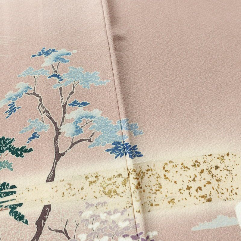 訪問着 良品 縮緬 正絹 風景柄 袷仕立て 身丈165cm 裄丈67.5cm 箔 一部しつけ糸付き フォーマル 着物 くすみピンク ピンク_画像11
