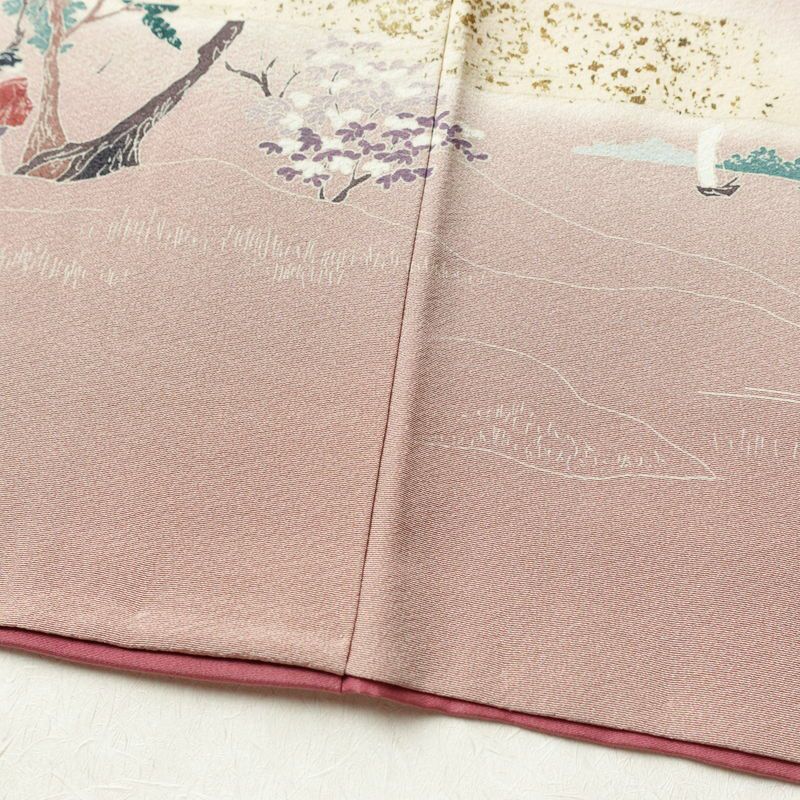 訪問着 良品 縮緬 正絹 風景柄 袷仕立て 身丈165cm 裄丈67.5cm 箔 一部しつけ糸付き フォーマル 着物 くすみピンク ピンク_画像12